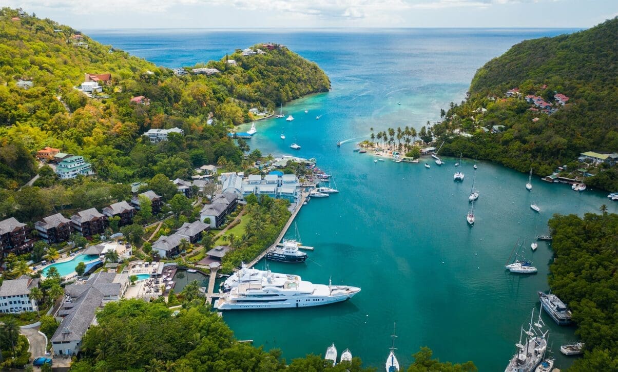 Aerial shot of Super Yachts in harbour