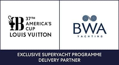 37th America's Cup Louis Vuitton logo and the BWA Yachting logo next to each other with exclusive superyacht programme delivery partner written underneath.